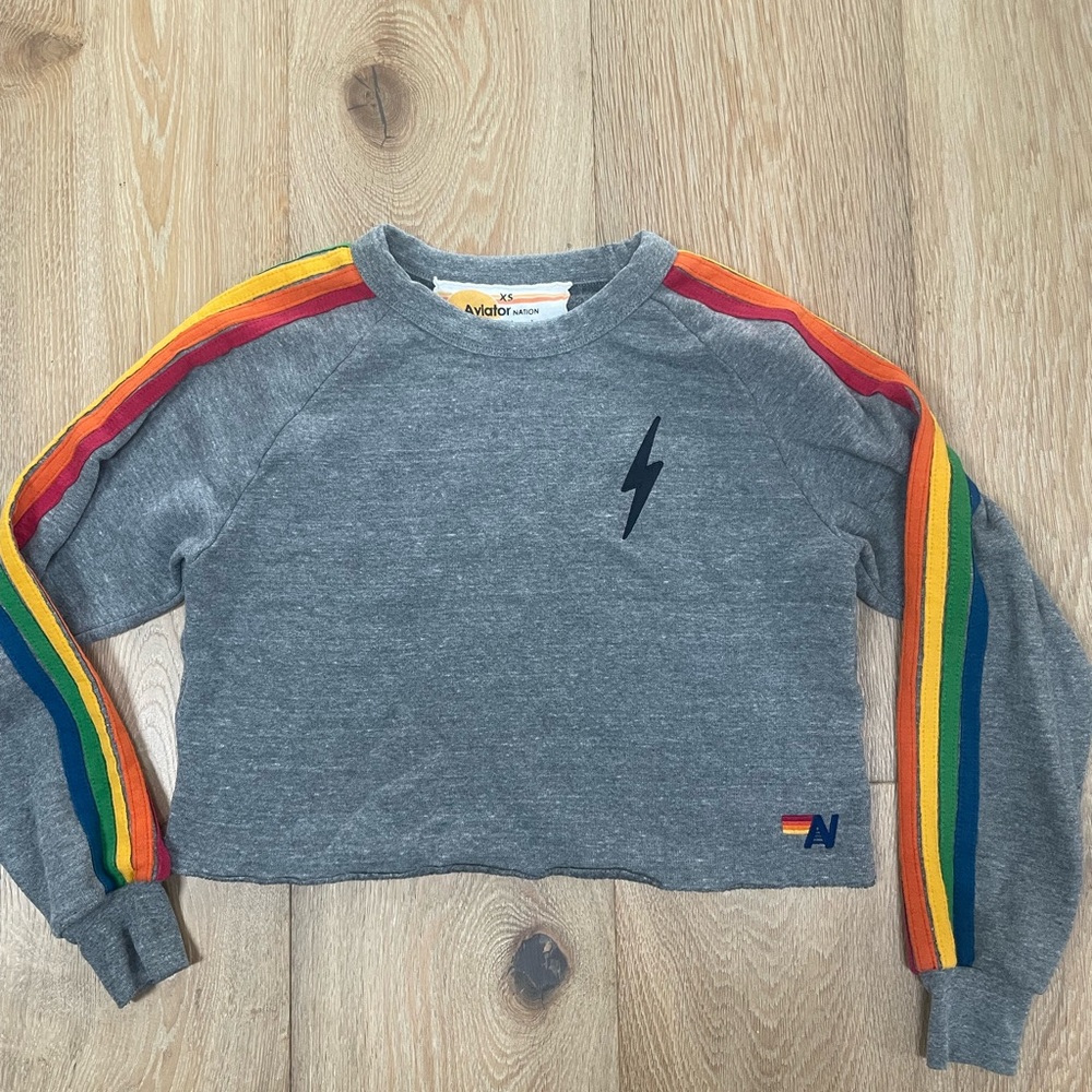 Gray women's crop sweatshirt 5 Stripe lightning bolt by Aviator Nation XS